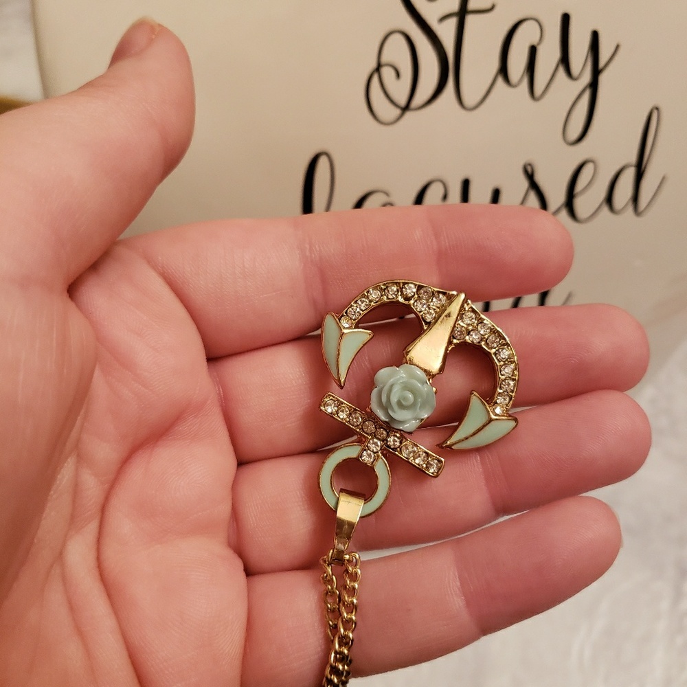 Anchor Flower Rhinestone Necklace Teal Aqua